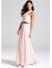 Blush Pink Chiffon Beads One Shoulder Long Prom Dress 